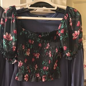 Wayf Blue and Black Smocked Puff Sleeve Blouse